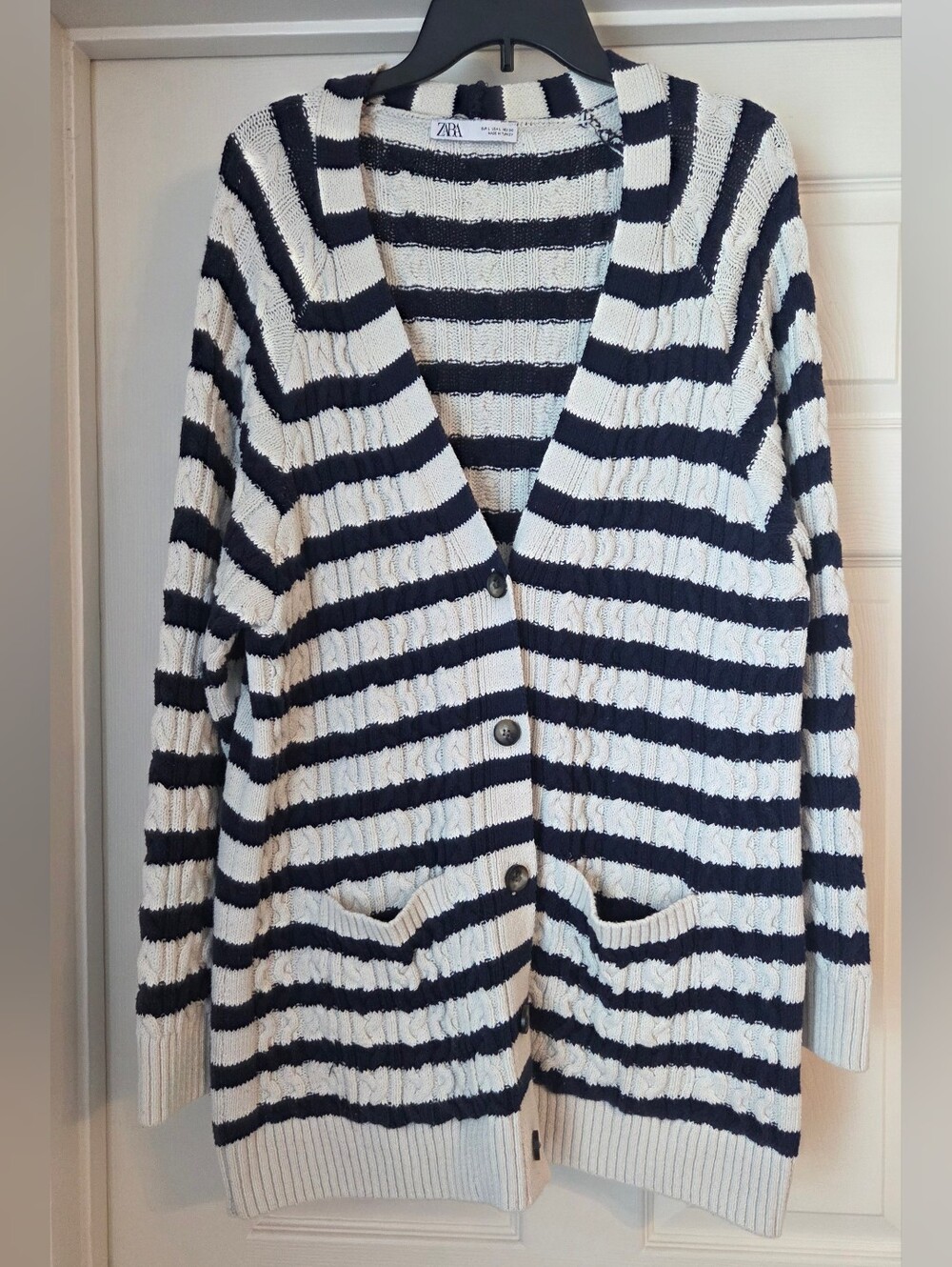 ZARA Navy and White Striped Button Chuncky Cardigan